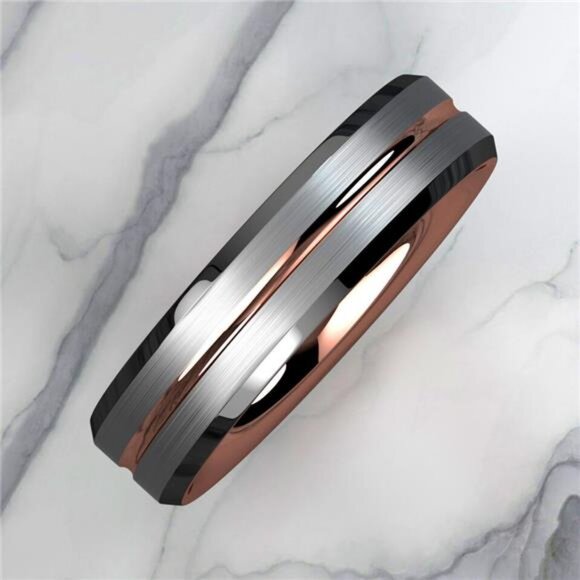 Men's Wedding Band 6mm Silver Brushed Rose Gold Ring for Men and Women - Picture 4 of 7